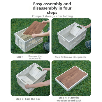 Sulankstoma automobilio saugojimo dėžė su integruotu mediniu dangčiu ir staleliu, 50 L, medžiaga: PP + tankio plokštė