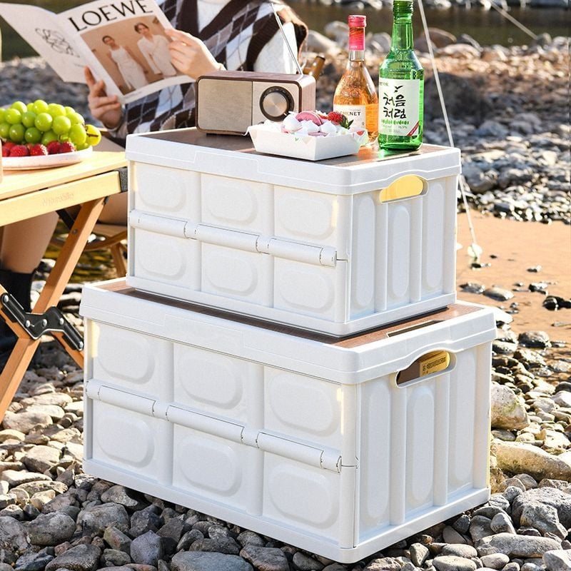 Sulankstoma automobilio saugojimo dėžė su integruotu mediniu dangčiu ir staleliu, 50 L, medžiaga: PP + tankio plokštė