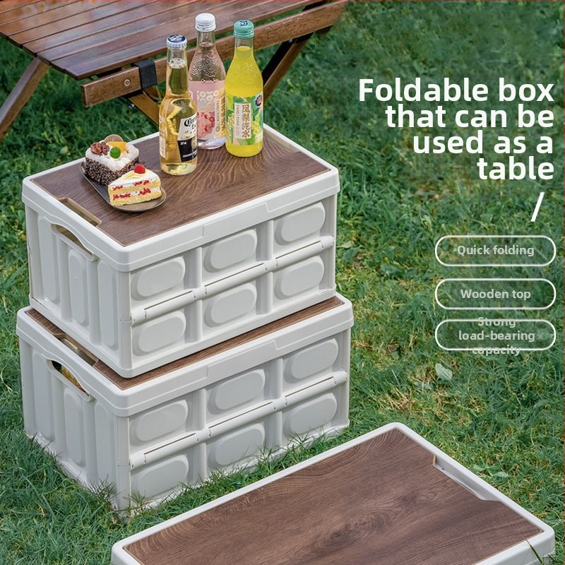 Sulankstoma automobilio saugojimo dėžė su integruotu mediniu dangčiu ir staleliu, 50 L, medžiaga: PP + tankio plokštė