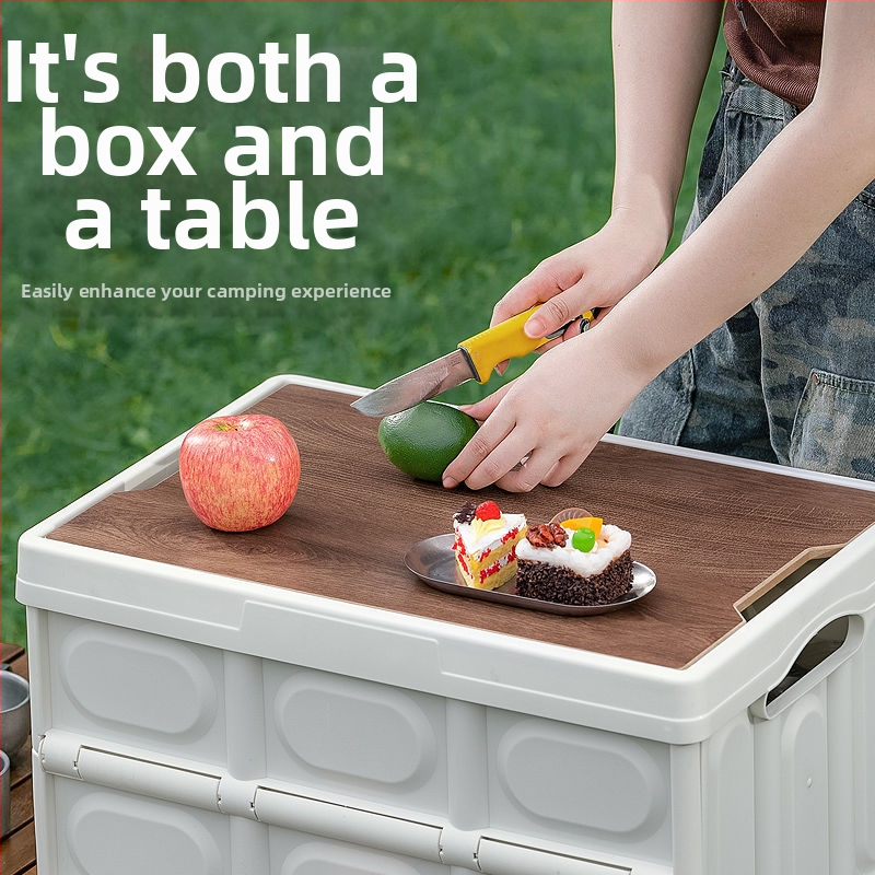 Sulankstoma automobilio saugojimo dėžė su integruotu mediniu dangčiu ir staleliu, 50 L, medžiaga: PP + tankio plokštė