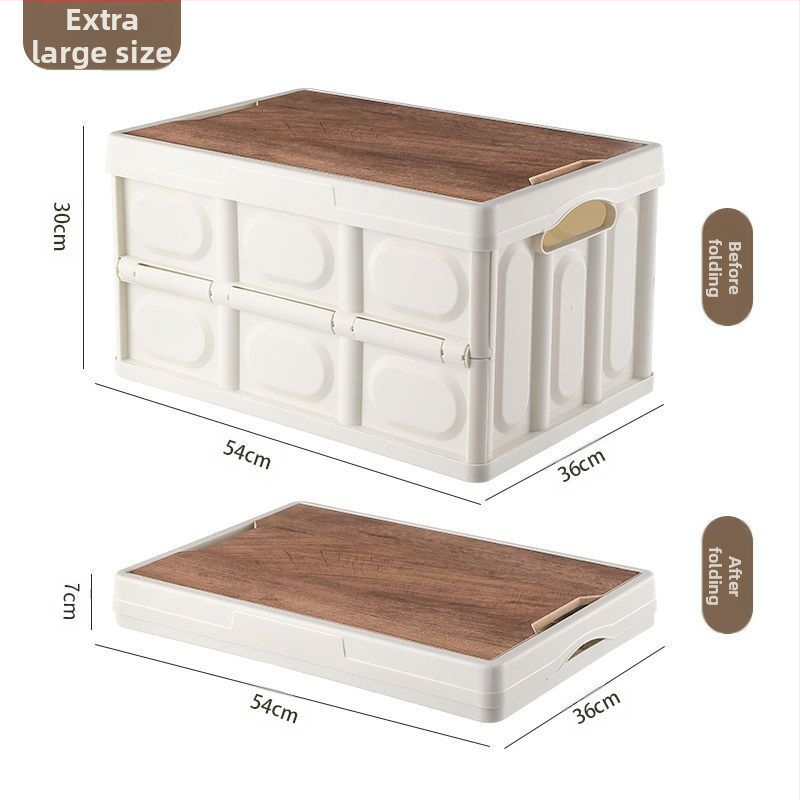 Sulankstoma automobilio saugojimo dėžė su integruotu mediniu dangčiu ir staleliu, 50 L, medžiaga: PP + tankio plokštė