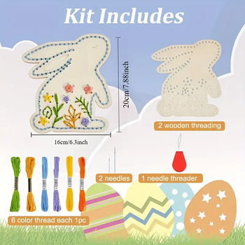 Дървен комплект за бродиране на великденско зайче с цветя – буково дърво, карикатурен стил, домашна декорация, великденска тематика