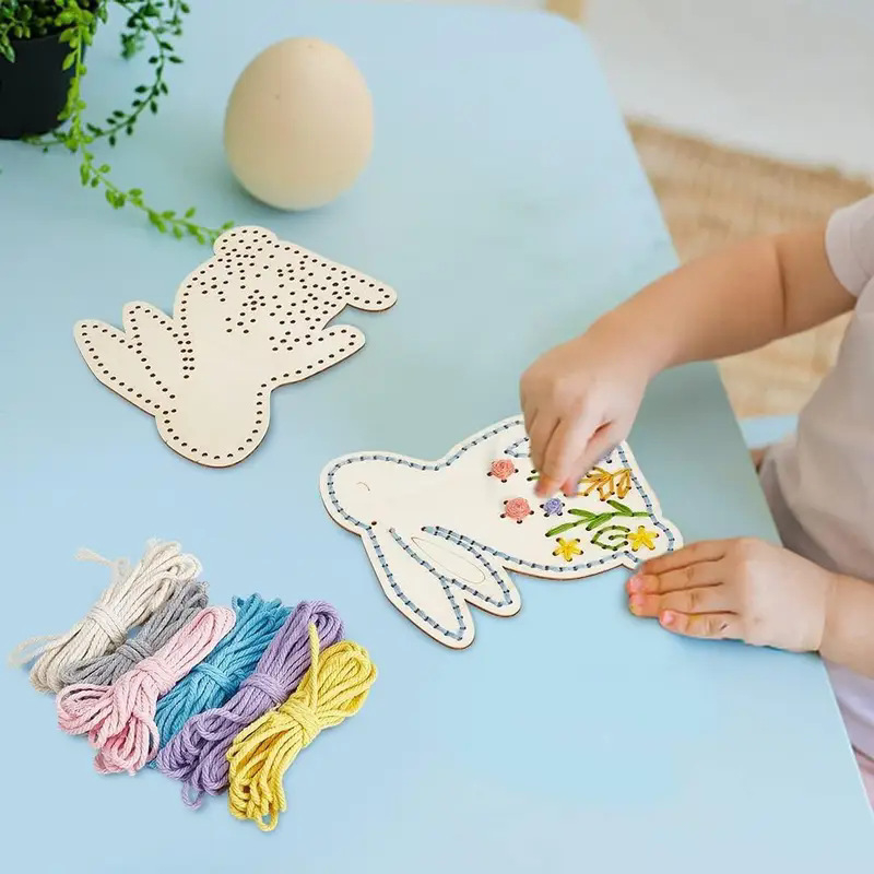 Kit de broderie din lemn cu iepuraș de Paște – lemn de boxwood, stil desen animat, decor pentru casă, tematic Paște