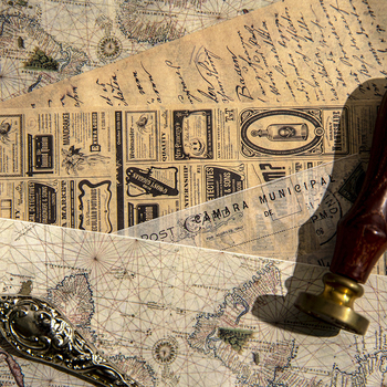 Papīra washi lente komplekts, retro laika sērija, angļu burtu kartes dizains, 4 ruļļi; garums 2 m; platums 75 mm; biezums 0,04 mm; substrāts: papīrs; zīmols Yu Xian