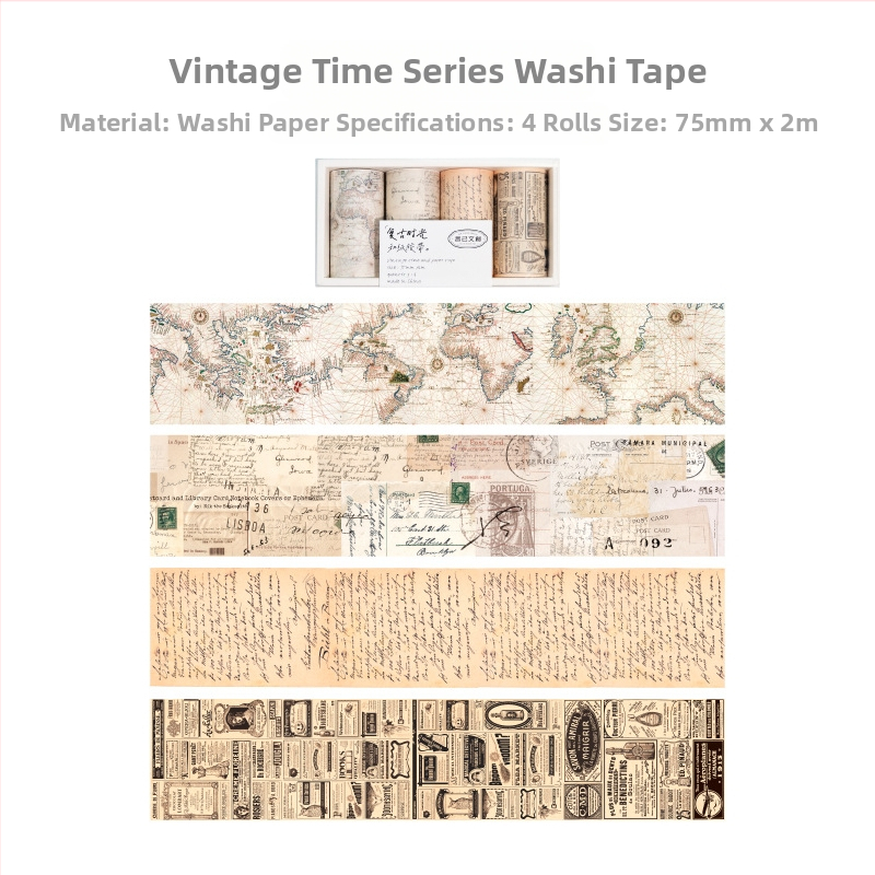 Papīra washi lente komplekts, retro laika sērija, angļu burtu kartes dizains, 4 ruļļi; garums 2 m; platums 75 mm; biezums 0,04 mm; substrāts: papīrs; zīmols Yu Xian