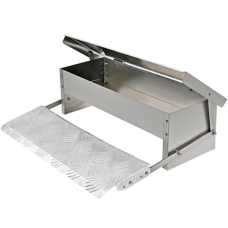 Rozsdamentes acélból készült pedálos baromfi etető – automatikus etetés, rágcsáló-ellenes, csirkék, libák és kacsák számára