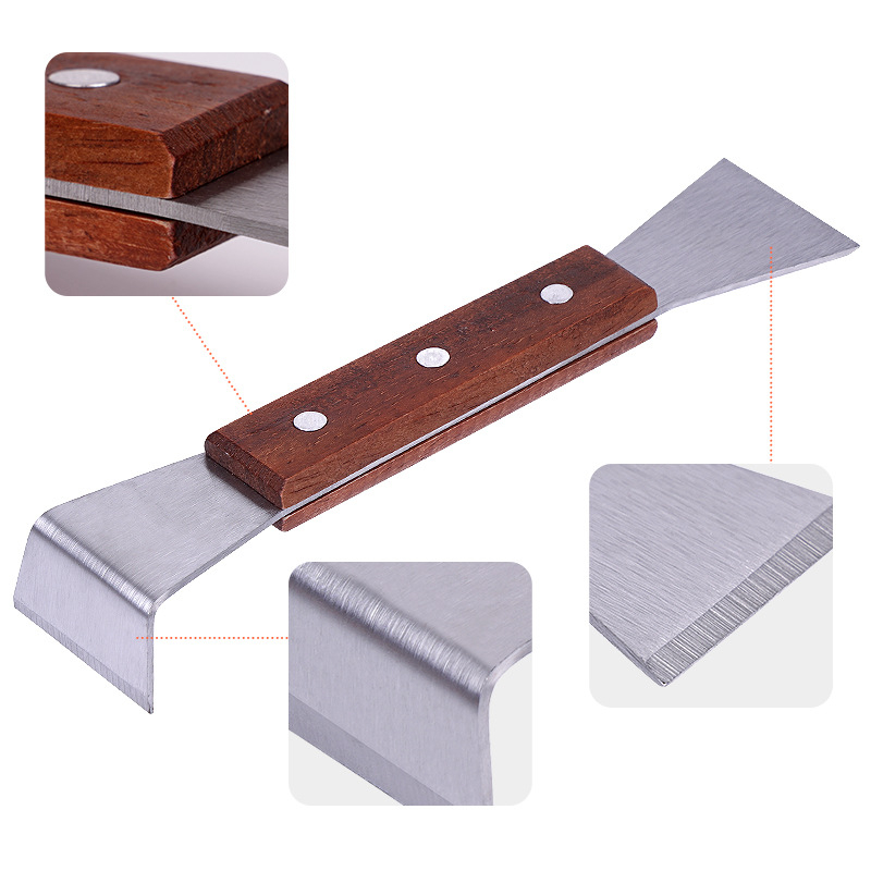 Bitininkystės valymo įrankis iš nerūdijančio plieno, pusiau išlenkta mentele, plastikinė rankena