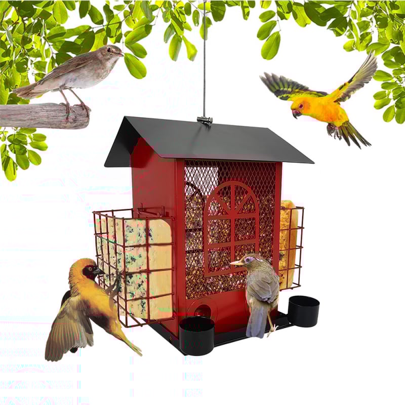 Kabantis metalinis lesyklė paukščiams su kelių tipų maisto dozatoriais, atsparus voverėms, lauko naudojimui