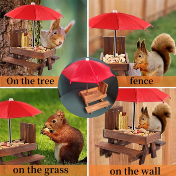 Koka āra barotājs vāverēm ar piknika galdiņa dizainu, no priedes koksnes, piemērots kukurūzas klāsēm.