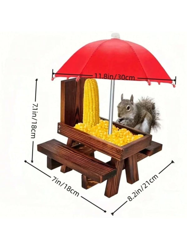 Koka āra barotājs vāverēm ar piknika galdiņa dizainu, no priedes koksnes, piemērots kukurūzas klāsēm.