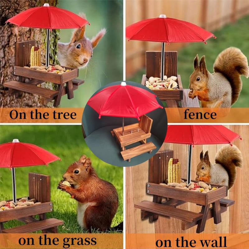 Koka āra barotājs vāverēm ar piknika galdiņa dizainu, no priedes koksnes, piemērots kukurūzas klāsēm.