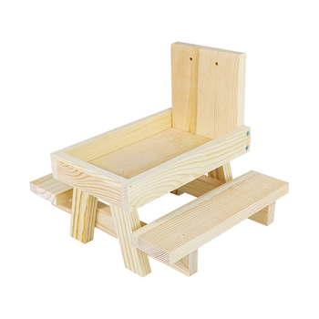 Ξύλινος τροφοδότης σκίουρου με υπαίθριο τραπέζι φαγητού και παγκάκι — Υλικό: Ξύλο; Αντικείμενο: σκίουρος; Μάρκα: MOOI skills; Εξωτερική χρήση