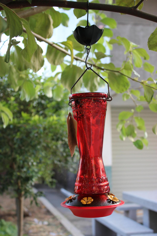 Kolibrio lesyklė - lauke pakabinama, raudono stiklo su geležies dalimis, automatinis maitinimas; medžiagos: stiklas, plastikas, geležis; kilmė: Quanzhou