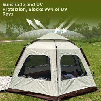 Lauko palapinė — vieno sluoksnio, automatinis greitas atidarymas, keturi sezonai, 5,4 kg, stiklo pluošto stiebai (išorinis vandeniui atsparumas 2000–3000 mm)