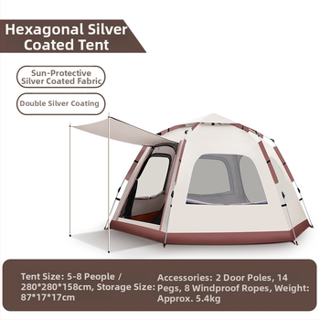 Lauko palapinė — vieno sluoksnio, automatinis greitas atidarymas, keturi sezonai, 5,4 kg, stiklo pluošto stiebai (išorinis vandeniui atsparumas 2000–3000 mm)