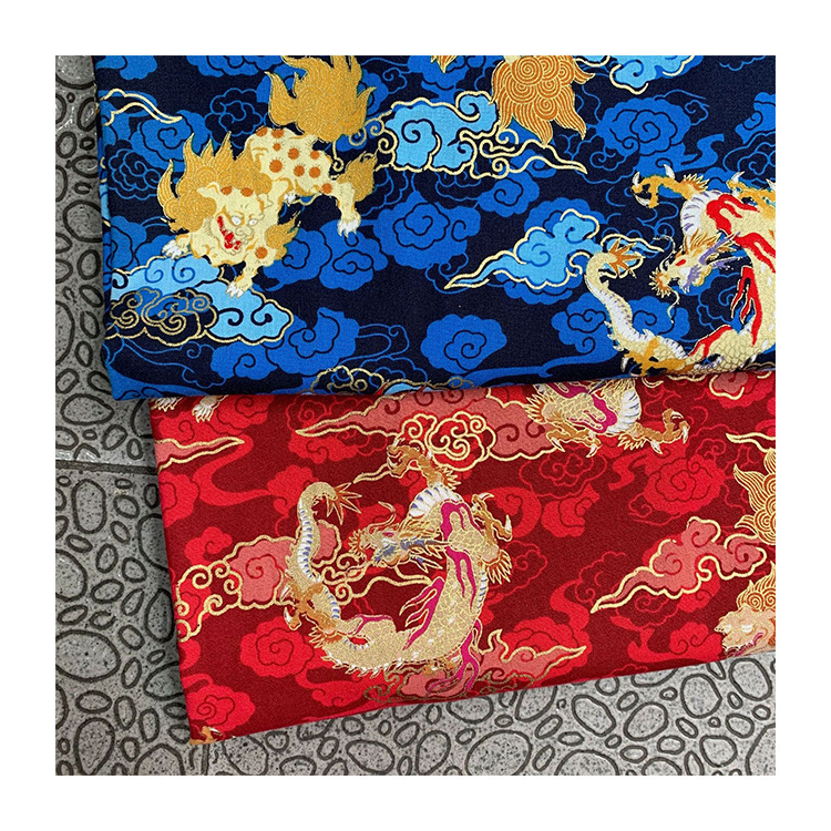 Βαμβακερό ύφασμα με χρυσοτυπία και παραδοσιακό κινεζικό μοτίβο δράκου, φυτικό τύπωμα, 100% βαμβάκι, κατάλληλο για ρούχα και τσάντες