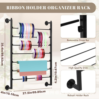 Επιτοίχιο μεταλλικό ράφι επίδειξης σατινέ, επτά στρώσεις, για κορδέλες και περιτυλίγματα; Πολυ-λειτουργικό, εγκατάσταση με βίδες; κατάλληλο για αποθήκευση κορδελών, περιτυλίγματος και μεταξωτών φουλαριών.