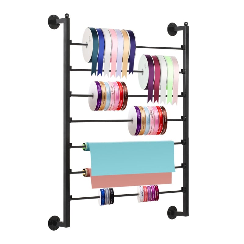 Raft de afișaj pe perete, satin, cu 7 etaje, din metal; multipurpose; instalare cu șuruburi; potrivit pentru depozitarea panglicilor, hârtiei de împachetat și eșarfelor.