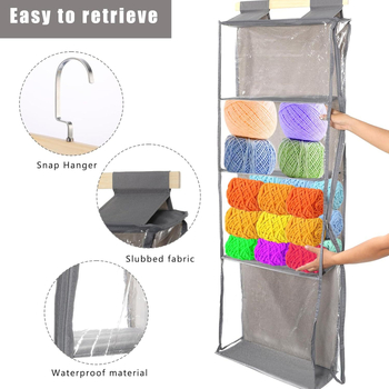 Pakabinamas siūlų saugojimo organizatorius su 4 skaidriomis uždaromomis kišenėmis, tinkamas mezgimui