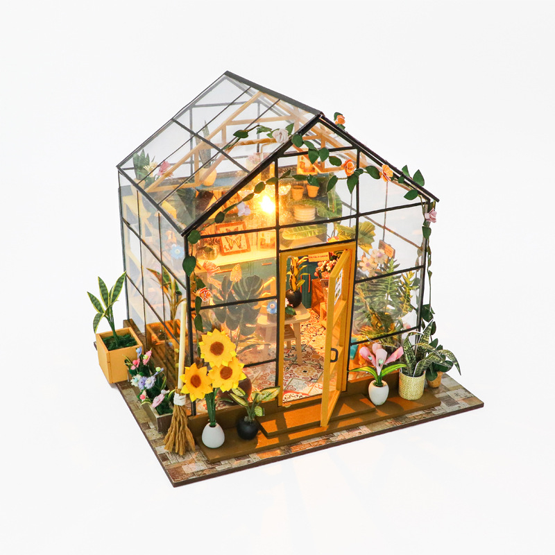 Ξύλινο κιτ DIY κατοικίας κούκλας — 3D μίνι σκηνή θερμοκήπιο, Hongda μάρκα, για ηλικίες 15–35 ετών, περιλαμβάνεται καπάκι προστασίας από τη σκόνη