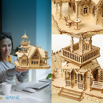 Medinė 3D dėlionė žaislas, DIY švietėjiškas ir daugiafunkcinis, 7–14 metų amžiui, retro vila dizainas