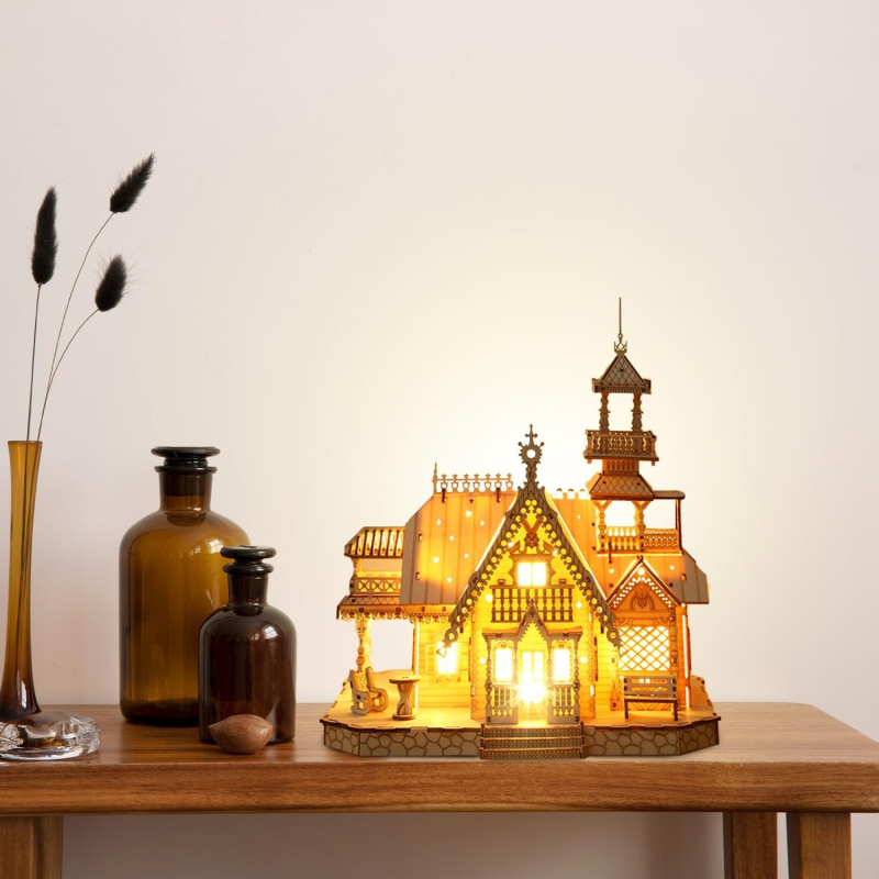 Medinė 3D dėlionė žaislas, DIY švietėjiškas ir daugiafunkcinis, 7–14 metų amžiui, retro vila dizainas