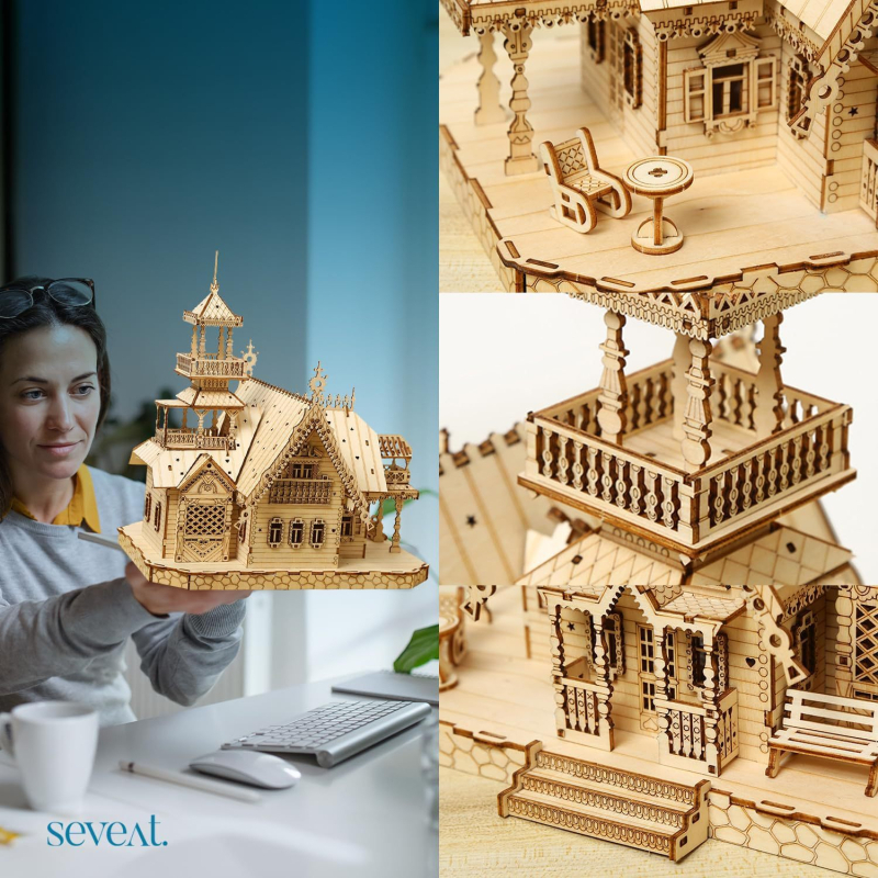 Medinė 3D dėlionė žaislas, DIY švietėjiškas ir daugiafunkcinis, 7–14 metų amžiui, retro vila dizainas