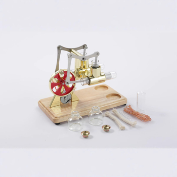 Izglītojošais Stirling ģeneratora modelis ar paralēlām stienēm; pamata model ģenerē elektrību bez uzstādīšanas, klasiskais model prasa uzstādīšanu; koka apakšējā plāksne; piemērots 15–35 gadiem.