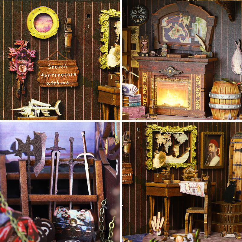 Дървен DIY архитектурен модел на къща – сглобен, с вградени светлини и звук, батерийно захранване