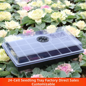 24 skylėmis dėklas sodinukams, apvaliu dangteliu, ventiliacijos angos, trijų dalių rinkinys, tvirta plastiko konstrukcija