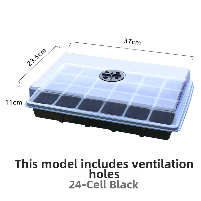 24 skylėmis dėklas sodinukams, apvaliu dangteliu, ventiliacijos angos, trijų dalių rinkinys, tvirta plastiko konstrukcija