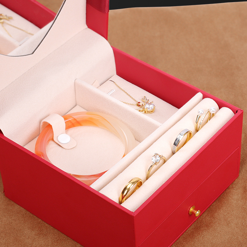 Širdies formos dviejų lygių juvelyrinių dėžučių su veidrodžiu ir stalčiumi, skirtų apyrankėms, karoloms ir žiedams laikyti | kompozitinės medžiagos, įpakavimo dėžutė