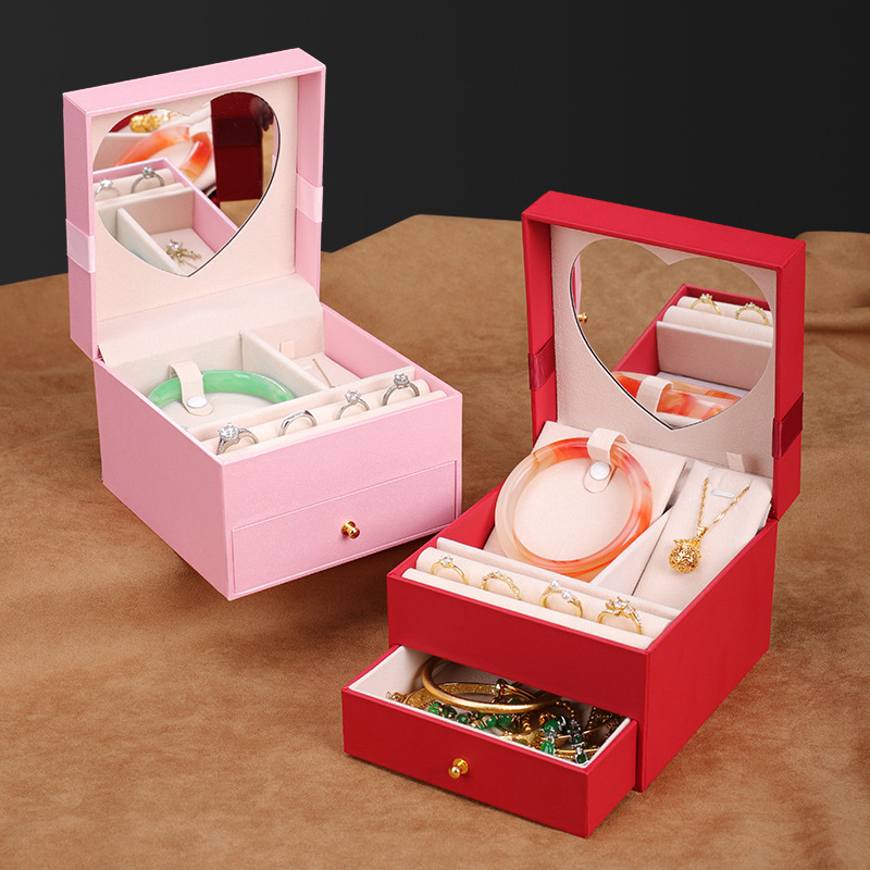 Širdies formos dviejų lygių juvelyrinių dėžučių su veidrodžiu ir stalčiumi, skirtų apyrankėms, karoloms ir žiedams laikyti | kompozitinės medžiagos, įpakavimo dėžutė