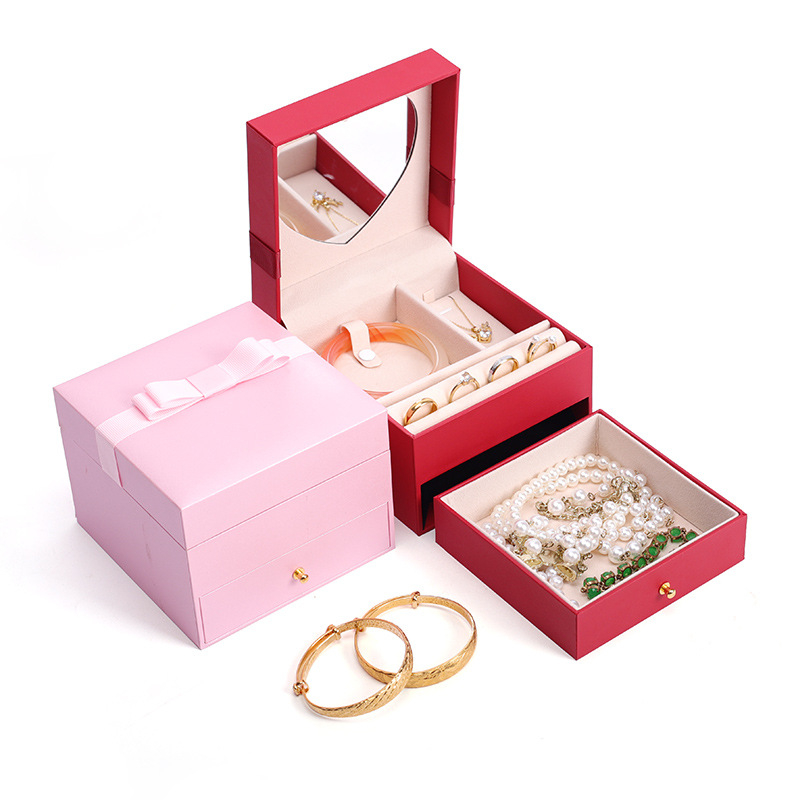 Širdies formos dviejų lygių juvelyrinių dėžučių su veidrodžiu ir stalčiumi, skirtų apyrankėms, karoloms ir žiedams laikyti | kompozitinės medžiagos, įpakavimo dėžutė