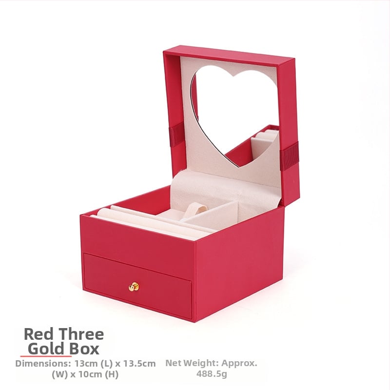 Širdies formos dviejų lygių juvelyrinių dėžučių su veidrodžiu ir stalčiumi, skirtų apyrankėms, karoloms ir žiedams laikyti | kompozitinės medžiagos, įpakavimo dėžutė