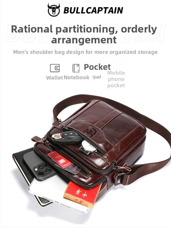 Мъжка презрамкова чанта за рамо — естествена кожа, кожа от първи слой, голям капацитет, пасва на 8-инчов таблет, водоустойчива
