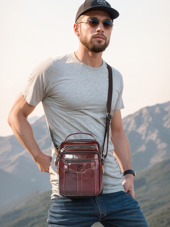 Мъжка презрамкова чанта за рамо — естествена кожа, кожа от първи слой, голям капацитет, пасва на 8-инчов таблет, водоустойчива