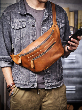 Vyrų krūtinės krepšys iš natūralios odos, viršutinio sluoksnio karvės odos, pamušalas poliesterio-kokvilnos, kasdieniniam naudojimui