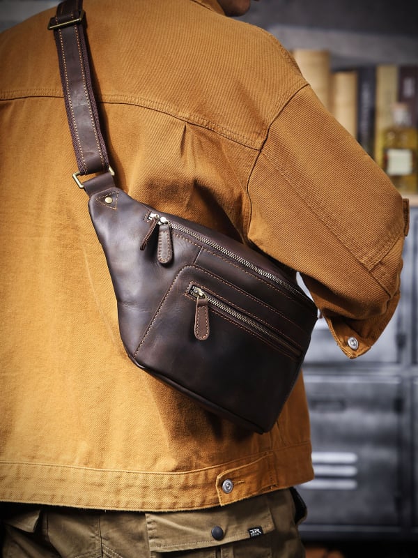 Vyrų krūtinės krepšys iš natūralios odos, viršutinio sluoksnio karvės odos, pamušalas poliesterio-kokvilnos, kasdieniniam naudojimui