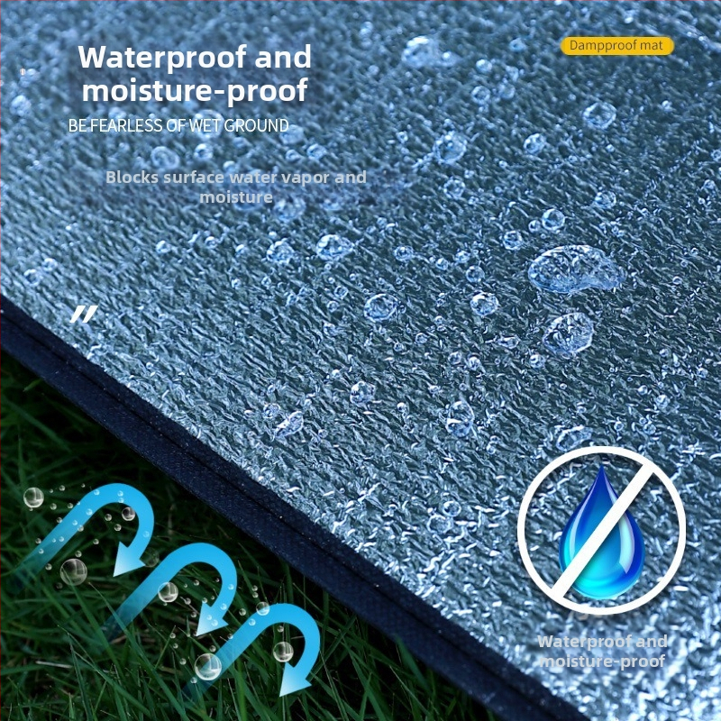 Къмпинг мат с EVA алуминиев филм — двустранно влагозащитен, водоустойчив и студоустойчив; тегло 0,3 кг; подходящ за 4-8 човека