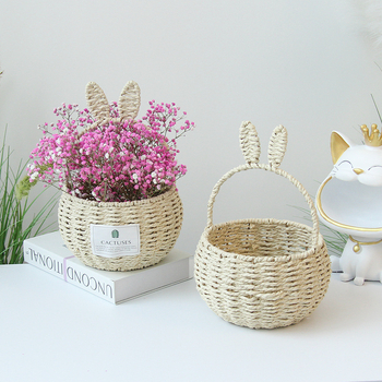 Πλεκτό καλάθι λουλουδιών με αυτιά λαγουδιού, χειροποίητο από ίνες φυτών, σκοινί από χαρτί, για επιτραπέζια/δάπεδο/κρεμαστό χρήση, αγροτικό στυλ