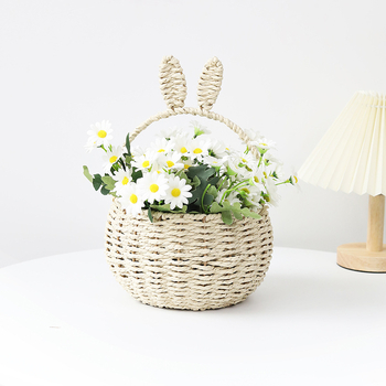 Πλεκτό καλάθι λουλουδιών με αυτιά λαγουδιού, χειροποίητο από ίνες φυτών, σκοινί από χαρτί, για επιτραπέζια/δάπεδο/κρεμαστό χρήση, αγροτικό στυλ