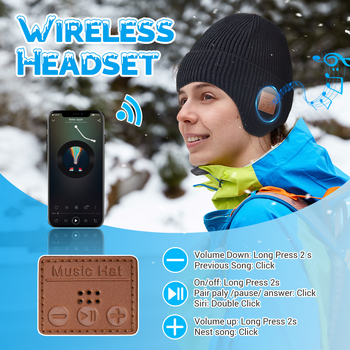 Bluetooth beanie kepurė su ausų apsauga lauko žiemai - 5.0, 15 m diapazonas, >8 val. baterija, stereo ausinės