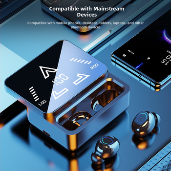 M48pro belaidės ausinės, dviejų ausų stereo su veidrodiniu paviršiumi ir slankiojančiu ekranu, Bluetooth 5.0, skaitmeninis ekranas, veikimo diapazonas iki 10 m, IPX4 atsparumas vandeniui, akumuliatoriaus veikimo laikas 4–8 val.