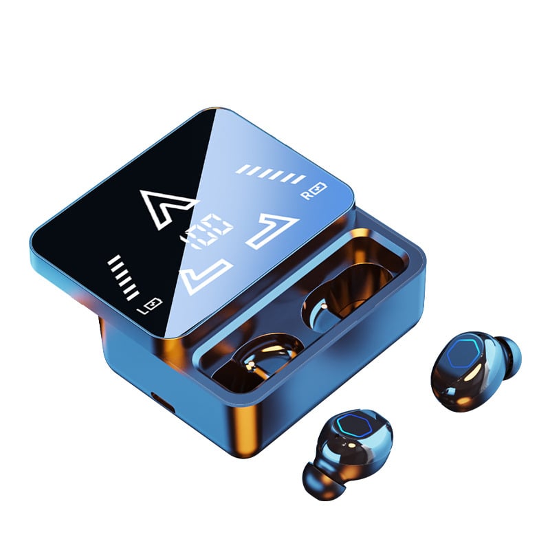 M48pro belaidės ausinės, dviejų ausų stereo su veidrodiniu paviršiumi ir slankiojančiu ekranu, Bluetooth 5.0, skaitmeninis ekranas, veikimo diapazonas iki 10 m, IPX4 atsparumas vandeniui, akumuliatoriaus veikimo laikas 4–8 val.