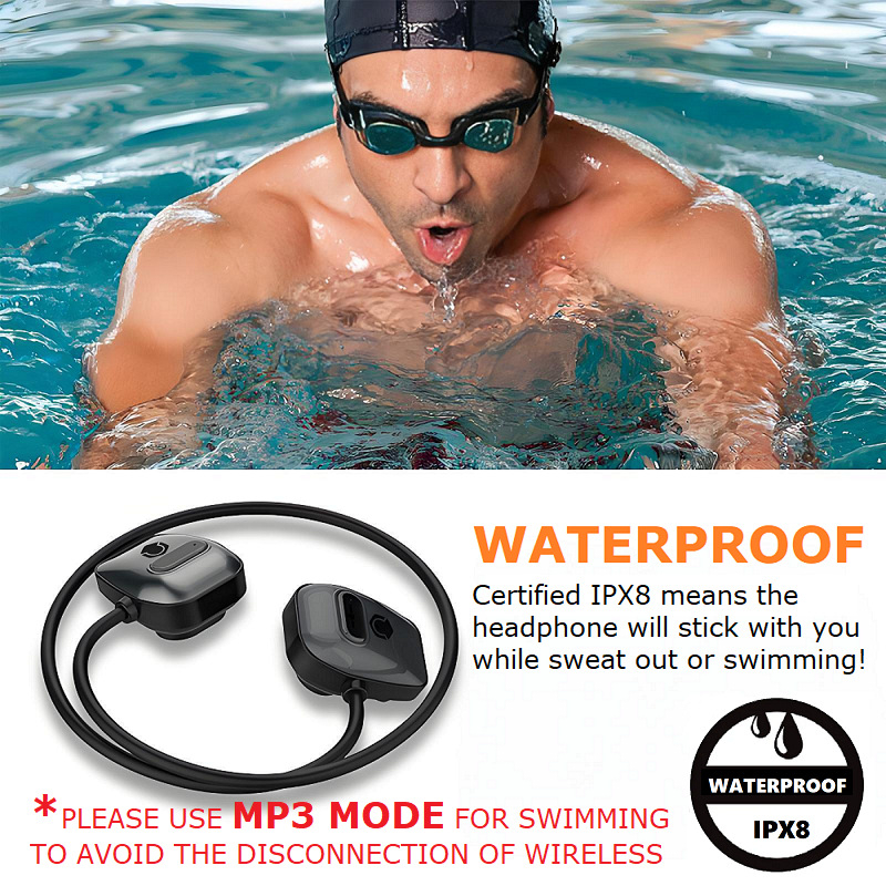 Sportinės ausinės su kaulų kondukcija — itin lengvos, IPX8 atsparios vandeniui (Bluetooth 5.3, veikimo laikas >8 val., diapazonas 10 m)