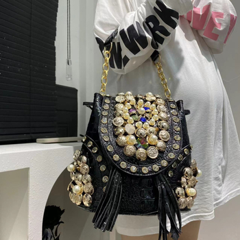 Geantă de damă în stil coreean, cu mărgele și detalii diamantate, multifuncțională; material PU, căptușeală poliester, închidere magnetică, interior cu compartiment sandwich cu fermoar, strat intermediar