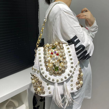 Geantă de damă în stil coreean, cu mărgele și detalii diamantate, multifuncțională; material PU, căptușeală poliester, închidere magnetică, interior cu compartiment sandwich cu fermoar, strat intermediar