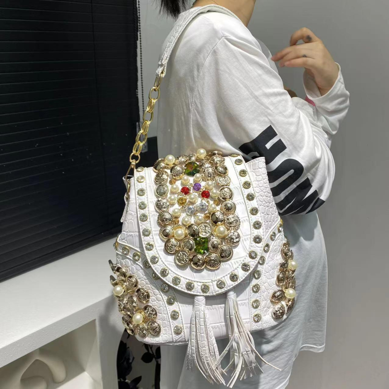 Geantă de damă în stil coreean, cu mărgele și detalii diamantate, multifuncțională; material PU, căptușeală poliester, închidere magnetică, interior cu compartiment sandwich cu fermoar, strat intermediar