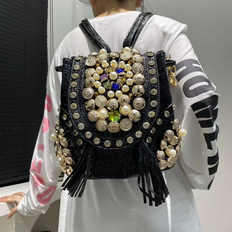 Geantă de damă în stil coreean, cu mărgele și detalii diamantate, multifuncțională; material PU, căptușeală poliester, închidere magnetică, interior cu compartiment sandwich cu fermoar, strat intermediar